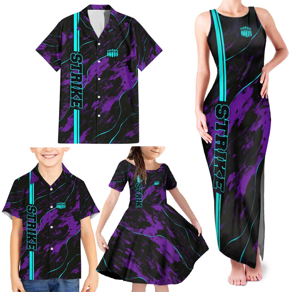 Strike Bowling Graphic Family Matching Tank Maxi Dress and Hawaiian Shirt with Purple Black Marble Texture and Custom Team Name - Wonder Print Shop