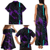 Strike Bowling Graphic Family Matching Tank Maxi Dress and Hawaiian Shirt with Purple Black Marble Texture and Custom Team Name - Wonder Print Shop