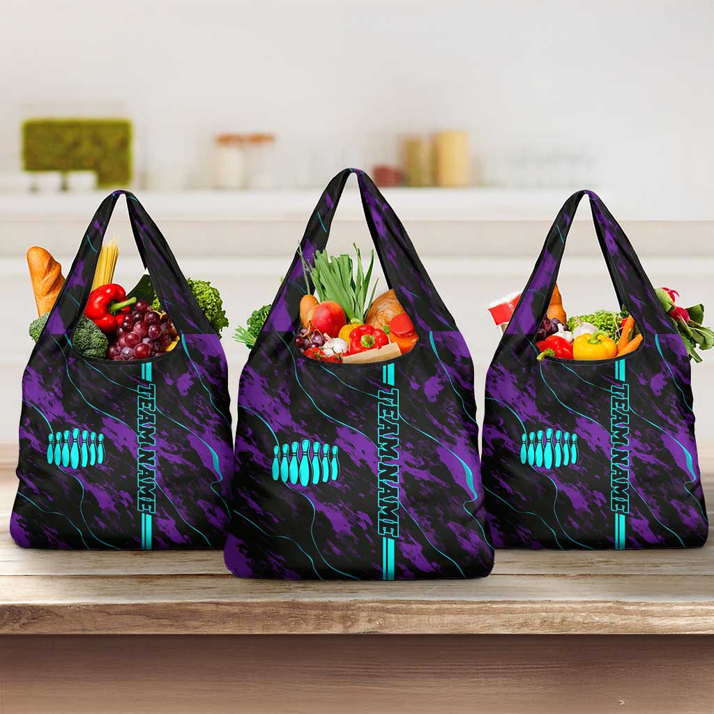 Strike Bowling Graphic Grocery Bag with Purple Black Marble Texture and Custom Team Name - Wonder Print Shop