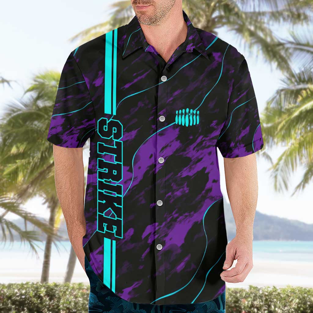 Strike Bowling Graphic Hawaiian Shirt with Purple Black Marble Texture and Custom Team Name - Wonder Print Shop