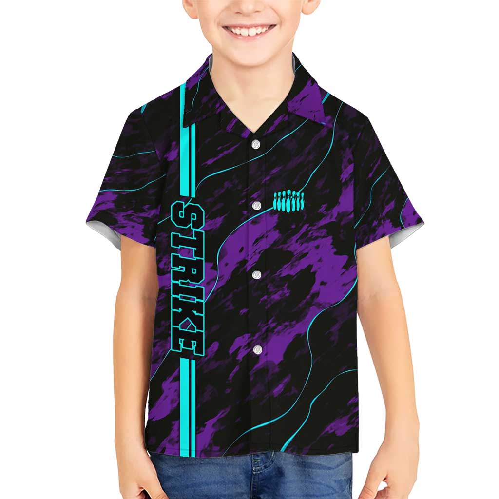 Strike Bowling Graphic Hawaiian Shirt with Purple Black Marble Texture and Custom Team Name - Wonder Print Shop
