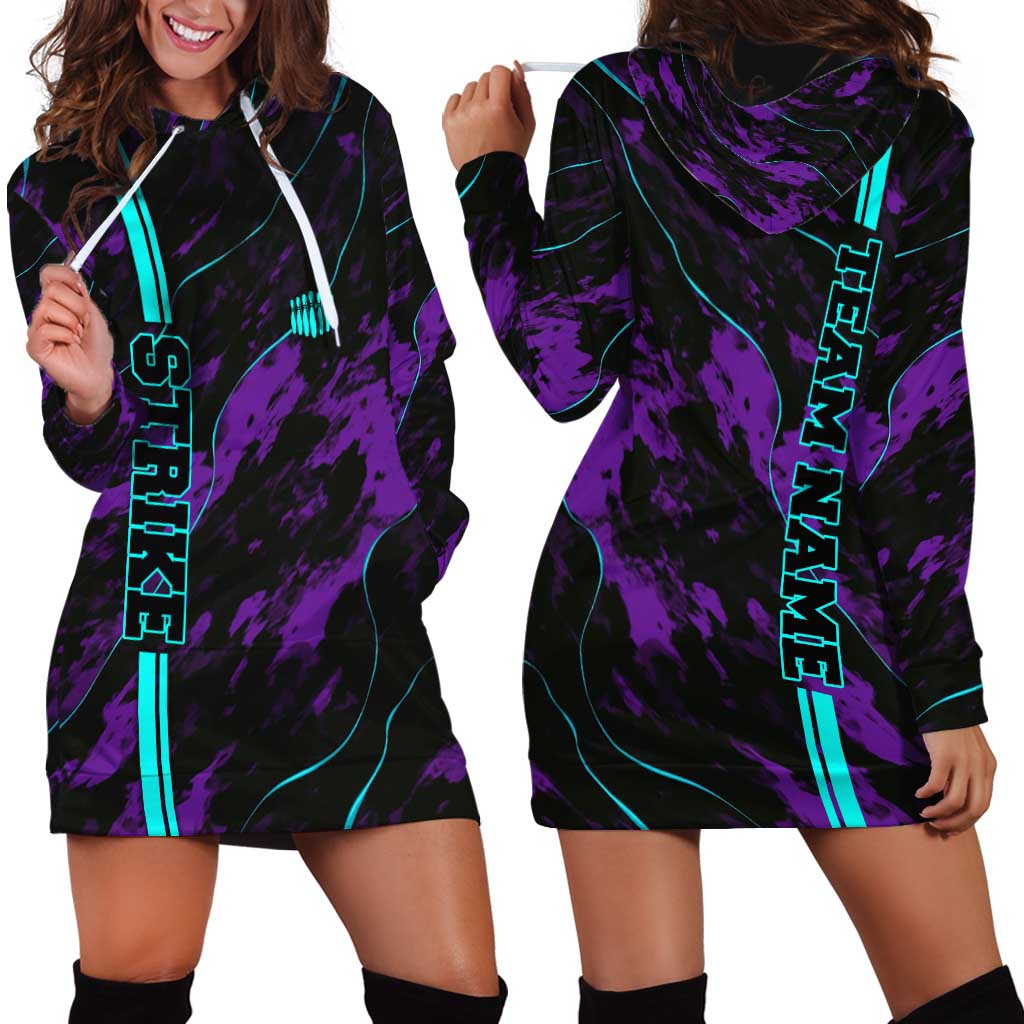 Strike Bowling Graphic Hoodie Dress with Purple Black Marble Texture and Custom Team Name - Wonder Print Shop