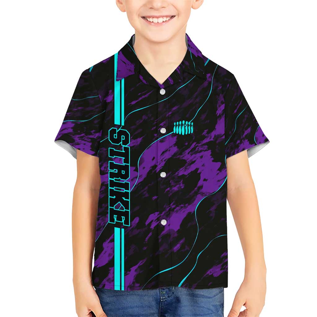 Strike Bowling Graphic Kid Hawaiian Shirt with Purple Black Marble Texture and Custom Team Name - Wonder Print Shop