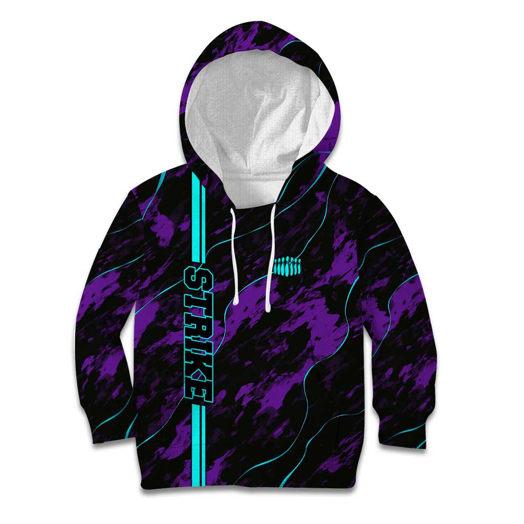 Strike Bowling Graphic Kid Hoodie with Purple Black Marble Texture and Custom Team Name - Wonder Print Shop
