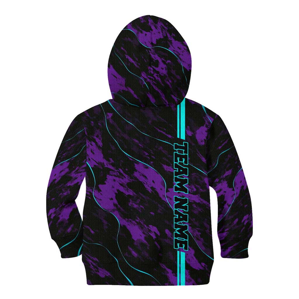 Strike Bowling Graphic Kid Hoodie with Purple Black Marble Texture and Custom Team Name - Wonder Print Shop