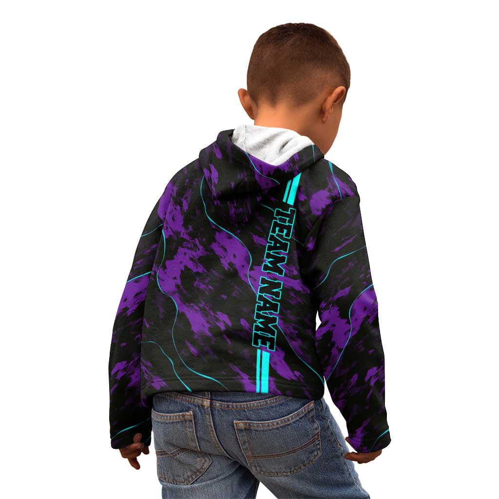 Strike Bowling Graphic Kid Hoodie with Purple Black Marble Texture and Custom Team Name - Wonder Print Shop