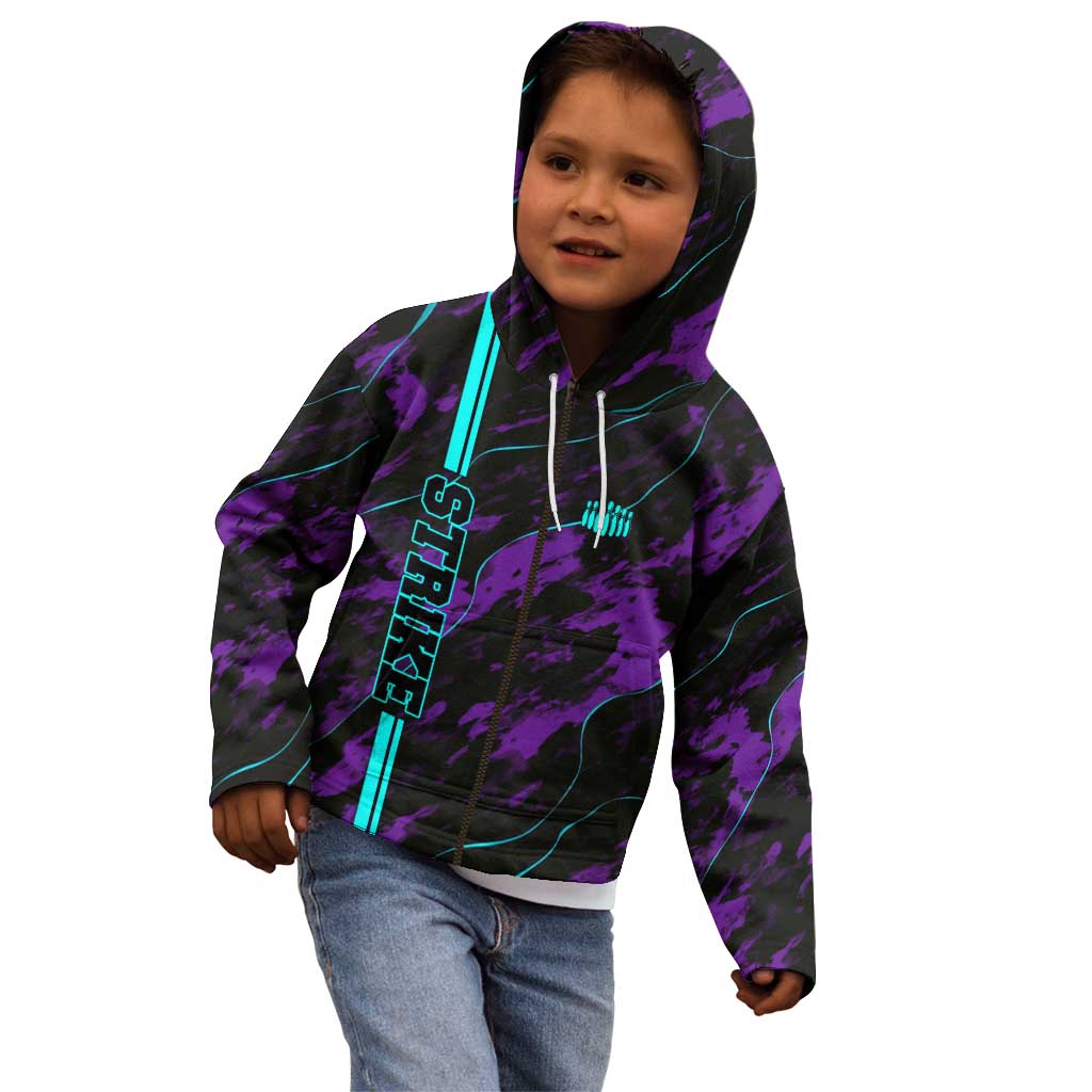 Strike Bowling Graphic Kid Hoodie with Purple Black Marble Texture and Custom Team Name - Wonder Print Shop