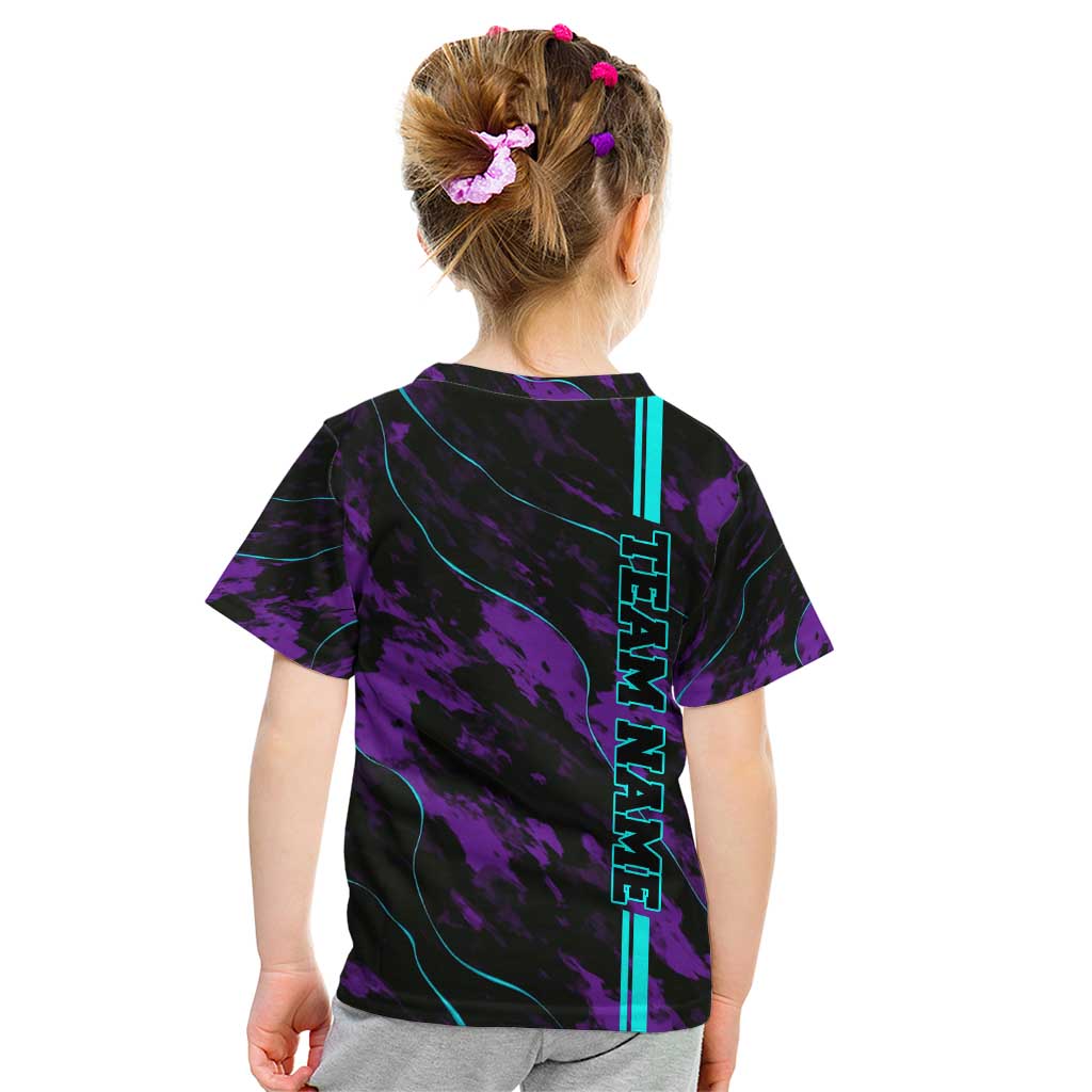 Strike Bowling Graphic Kid T Shirt with Purple Black Marble Texture and Custom Team Name - Wonder Print Shop