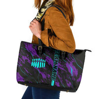 Strike Bowling Graphic Leather Tote Bag with Purple Black Marble Texture and Custom Team Name - Wonder Print Shop