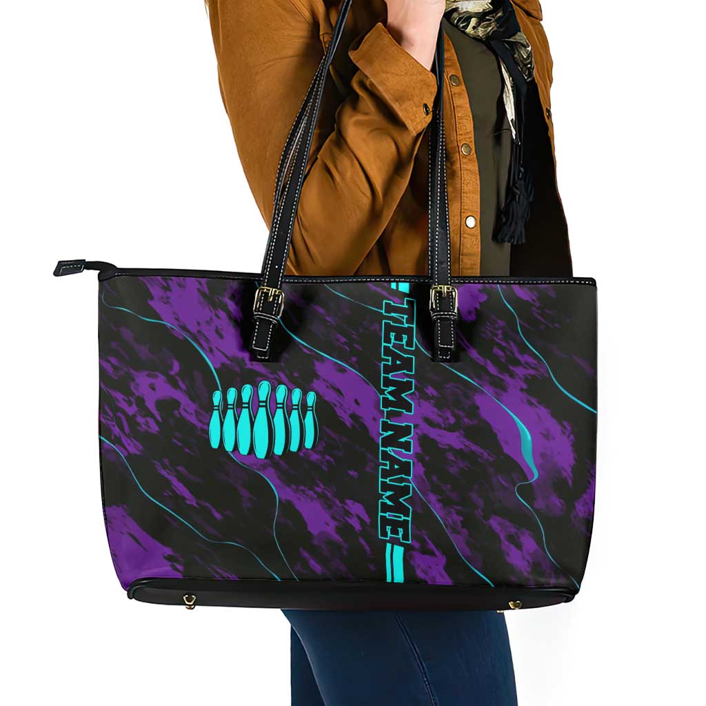 Strike Bowling Graphic Leather Tote Bag with Purple Black Marble Texture and Custom Team Name - Wonder Print Shop