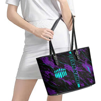 Strike Bowling Graphic Leather Tote Bag with Purple Black Marble Texture and Custom Team Name - Wonder Print Shop