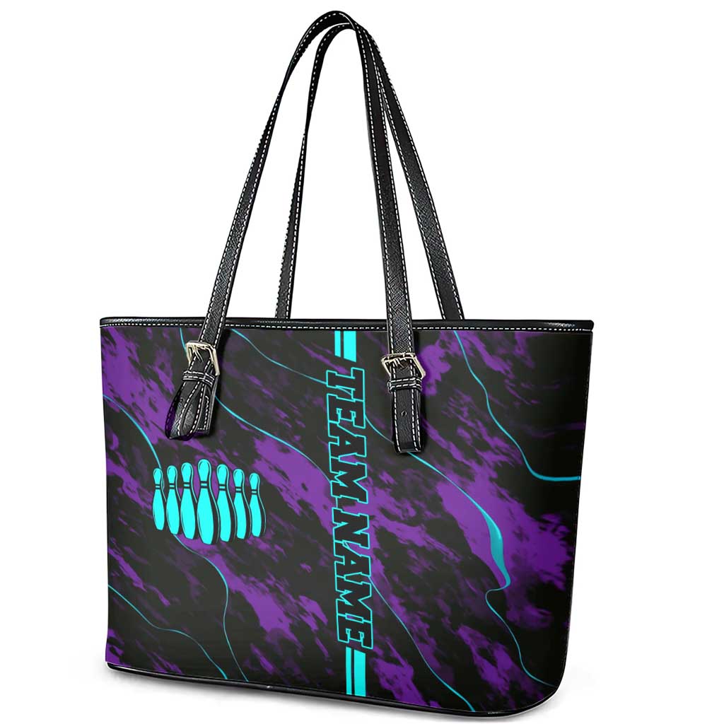 Strike Bowling Graphic Leather Tote Bag with Purple Black Marble Texture and Custom Team Name - Wonder Print Shop