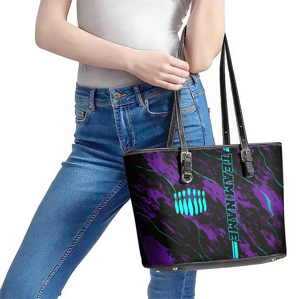 Strike Bowling Graphic Leather Tote Bag with Purple Black Marble Texture and Custom Team Name - Wonder Print Shop