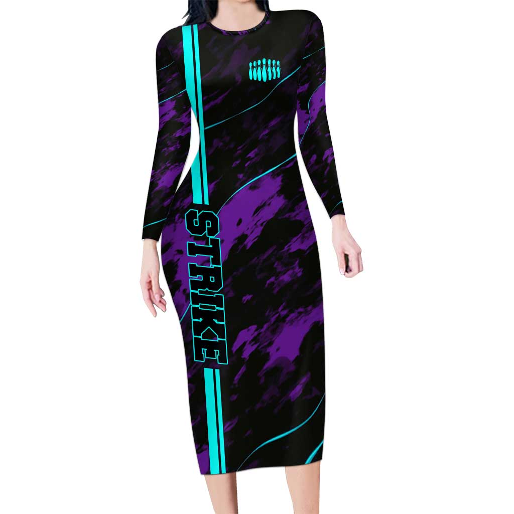Strike Bowling Graphic Long Sleeve Bodycon Dress with Purple Black Marble Texture and Custom Team Name - Wonder Print Shop