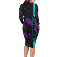 Strike Bowling Graphic Long Sleeve Bodycon Dress with Purple Black Marble Texture and Custom Team Name - Wonder Print Shop