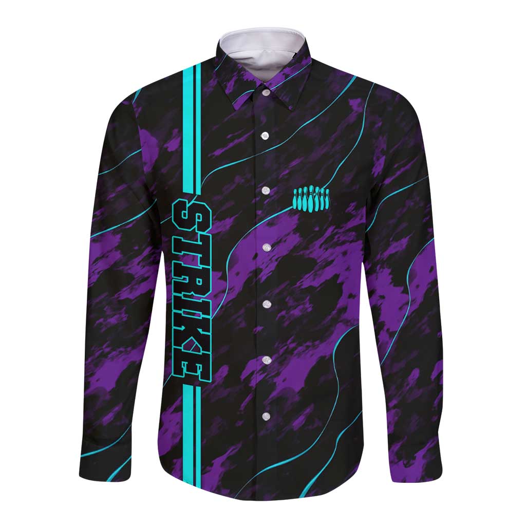 Strike Bowling Graphic Long Sleeve Button Shirt with Purple Black Marble Texture and Custom Team Name - Wonder Print Shop