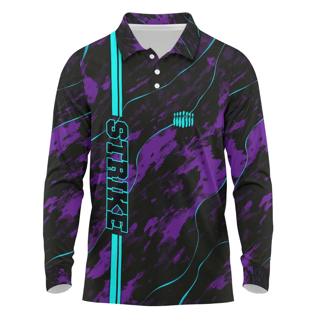 Strike Bowling Graphic Long Sleeve Polo Shirt with Purple Black Marble Texture and Custom Team Name - Wonder Print Shop