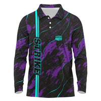 Strike Bowling Graphic Long Sleeve Polo Shirt with Purple Black Marble Texture and Custom Team Name - Wonder Print Shop