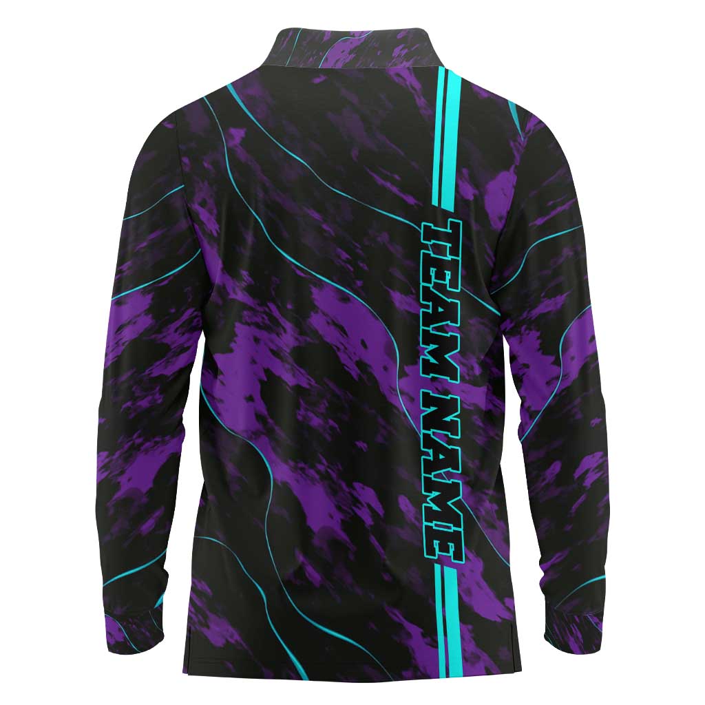 Strike Bowling Graphic Long Sleeve Polo Shirt with Purple Black Marble Texture and Custom Team Name - Wonder Print Shop
