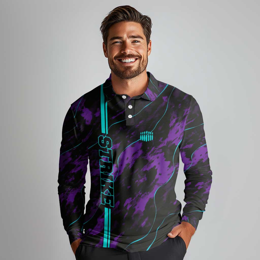 Strike Bowling Graphic Long Sleeve Polo Shirt with Purple Black Marble Texture and Custom Team Name - Wonder Print Shop