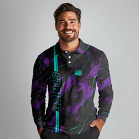 Strike Bowling Graphic Long Sleeve Polo Shirt with Purple Black Marble Texture and Custom Team Name - Wonder Print Shop