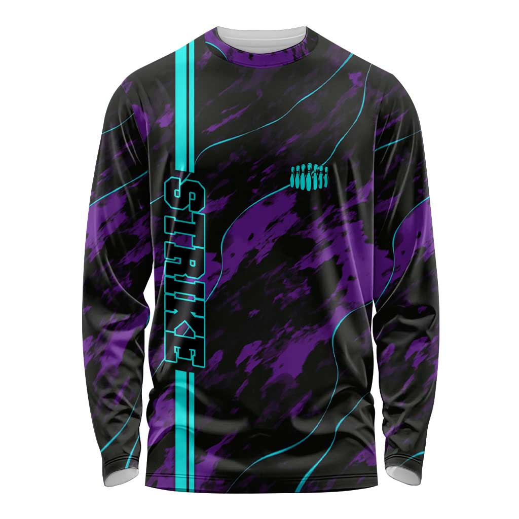 Strike Bowling Graphic Long Sleeve Shirt with Purple Black Marble Texture and Custom Team Name - Wonder Print Shop