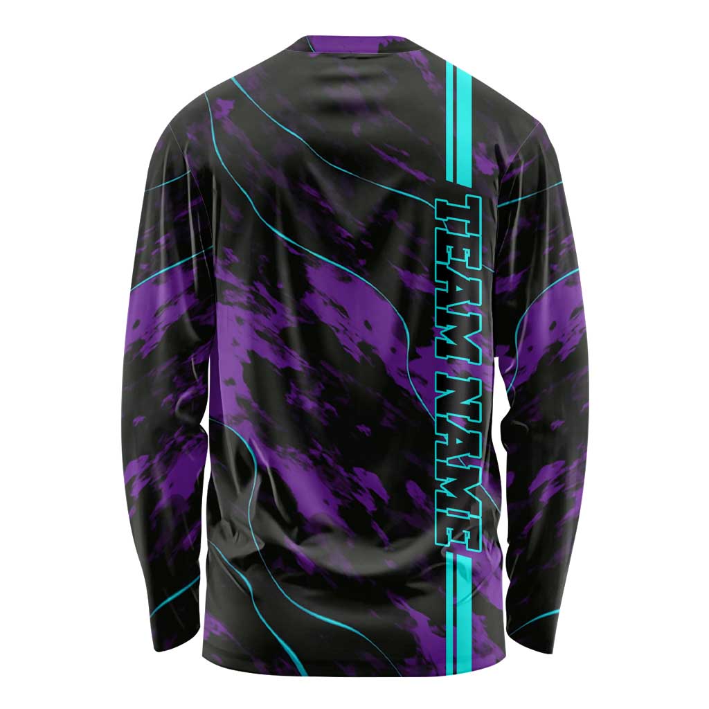 Strike Bowling Graphic Long Sleeve Shirt with Purple Black Marble Texture and Custom Team Name - Wonder Print Shop