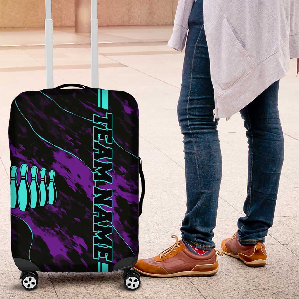 Strike Bowling Graphic Luggage Cover with Purple Black Marble Texture and Custom Team Name - Wonder Print Shop