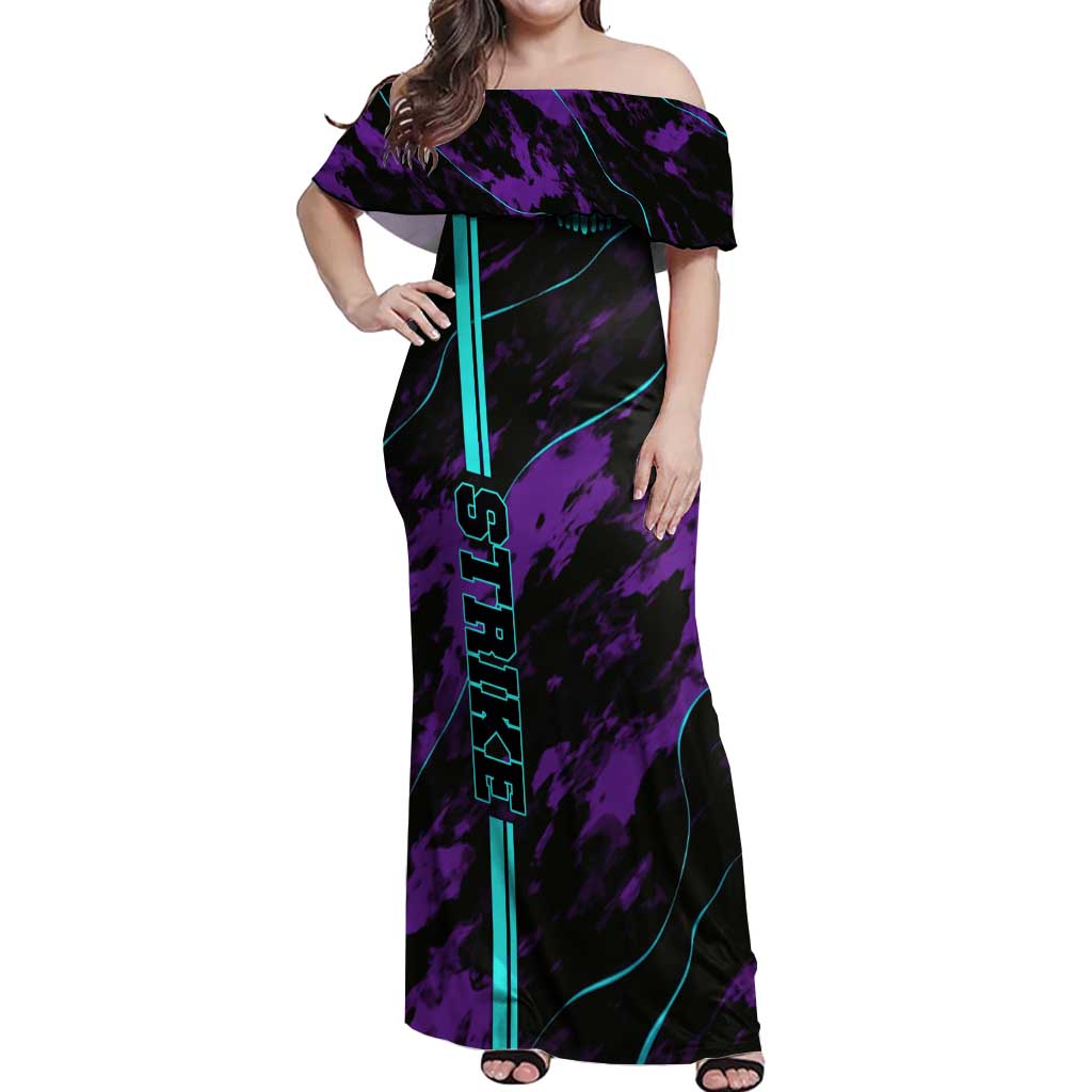 Strike Bowling Graphic Off Shoulder Maxi Dress with Purple Black Marble Texture and Custom Team Name - Wonder Print Shop