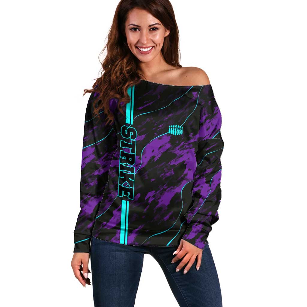 Strike Bowling Graphic Off Shoulder Sweater with Purple Black Marble Texture and Custom Team Name - Wonder Print Shop