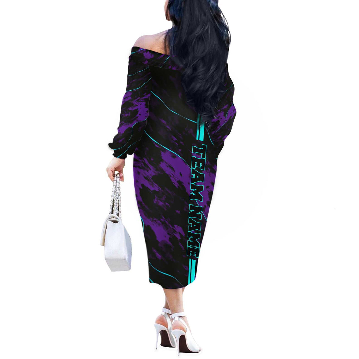 Strike Bowling Graphic Off The Shoulder Long Sleeve Dress with Purple Black Marble Texture and Custom Team Name - Wonder Print Shop