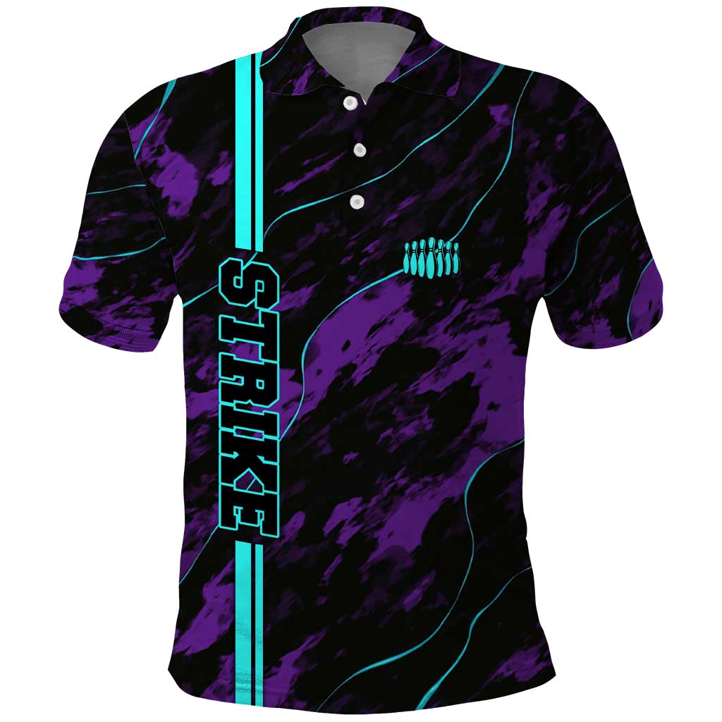 Strike Bowling Graphic Polo Shirt with Purple Black Marble Texture and Custom Team Name - Wonder Print Shop