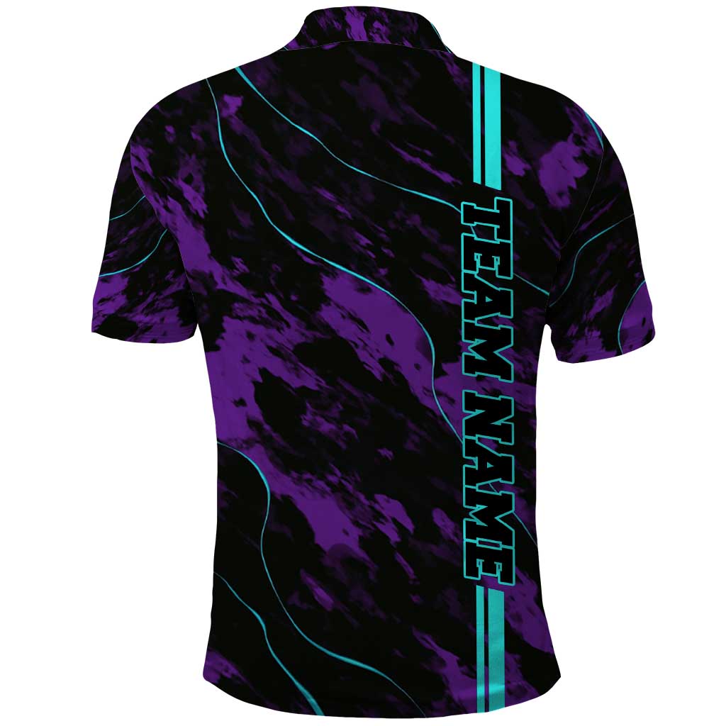 Strike Bowling Graphic Polo Shirt with Purple Black Marble Texture and Custom Team Name - Wonder Print Shop