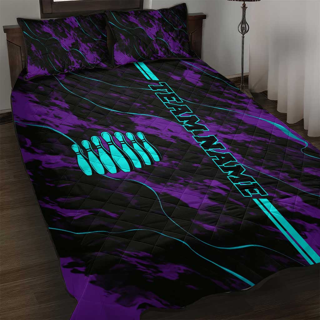 Strike Bowling Graphic Quilt Bed Set with Purple Black Marble Texture and Custom Team Name - Wonder Print Shop