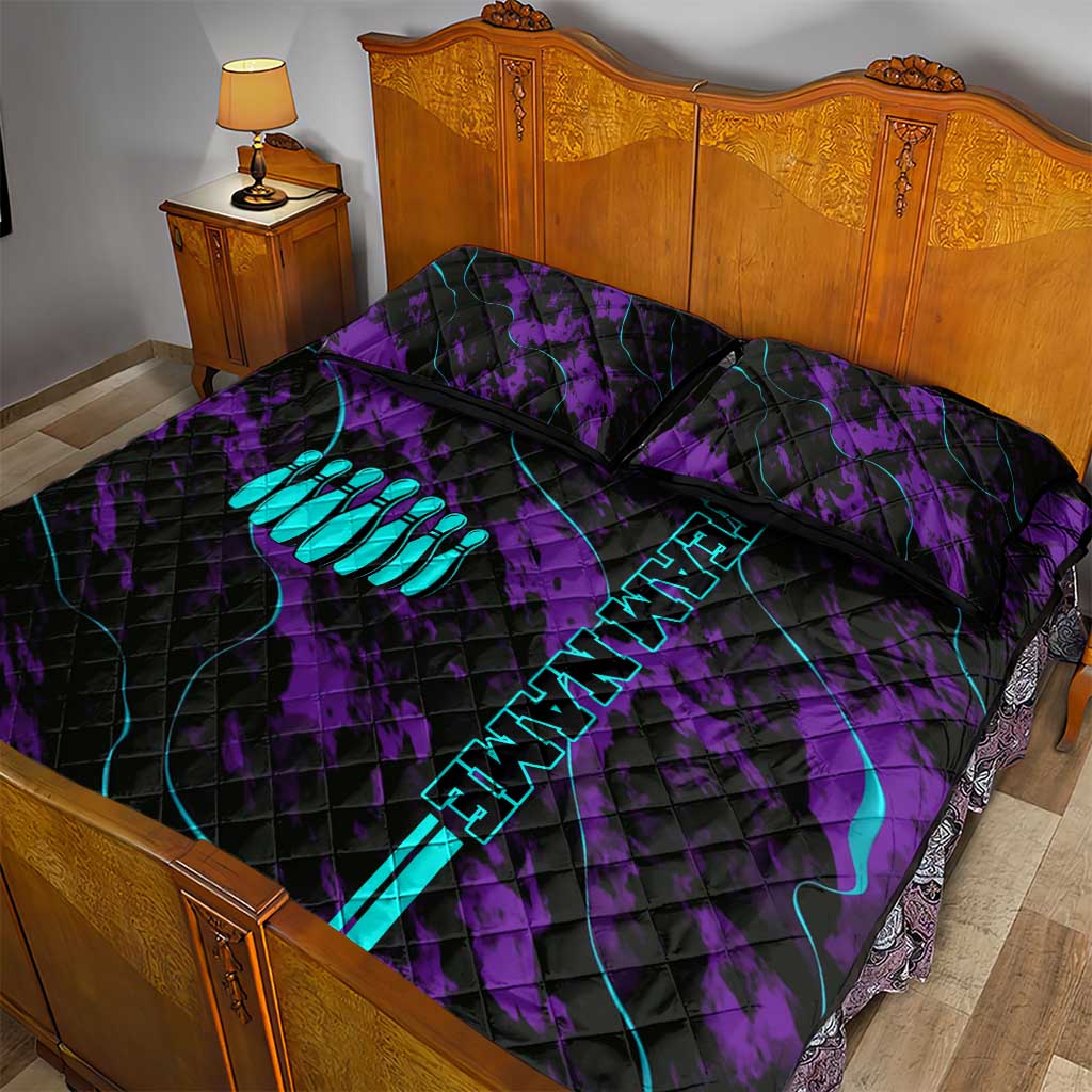Strike Bowling Graphic Quilt Bed Set with Purple Black Marble Texture and Custom Team Name - Wonder Print Shop
