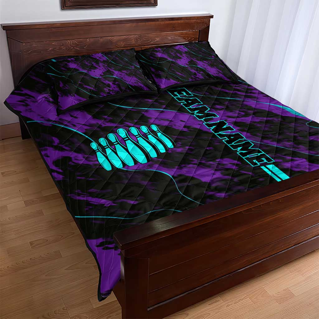 Strike Bowling Graphic Quilt Bed Set with Purple Black Marble Texture and Custom Team Name - Wonder Print Shop