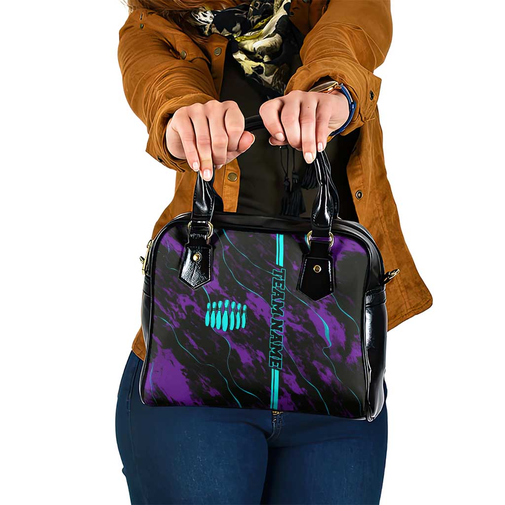 Strike Bowling Graphic Shoulder Handbag with Purple Black Marble Texture and Custom Team Name - Wonder Print Shop