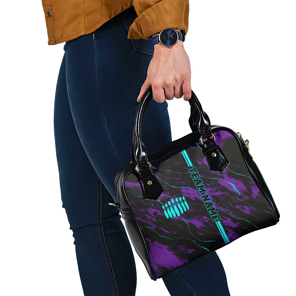 Strike Bowling Graphic Shoulder Handbag with Purple Black Marble Texture and Custom Team Name - Wonder Print Shop