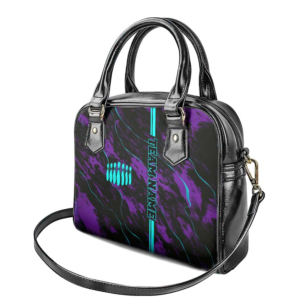 Strike Bowling Graphic Shoulder Handbag with Purple Black Marble Texture and Custom Team Name - Wonder Print Shop