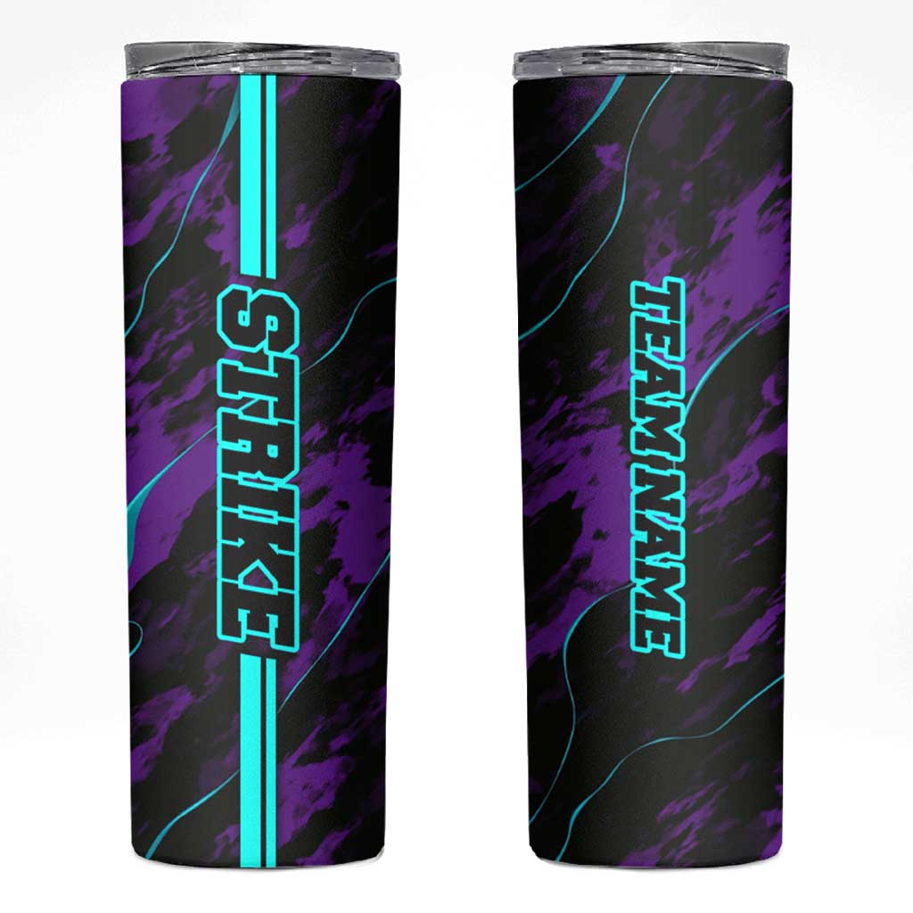 Strike Bowling Graphic Skinny Tumbler with Purple Black Marble Texture and Custom Team Name - Wonder Print Shop