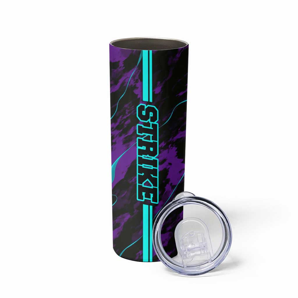 Strike Bowling Graphic Skinny Tumbler with Purple Black Marble Texture and Custom Team Name - Wonder Print Shop