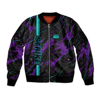 Strike Bowling Graphic Sleeve Zip Bomber Jacket with Purple Black Marble Texture and Custom Team Name - Wonder Print Shop