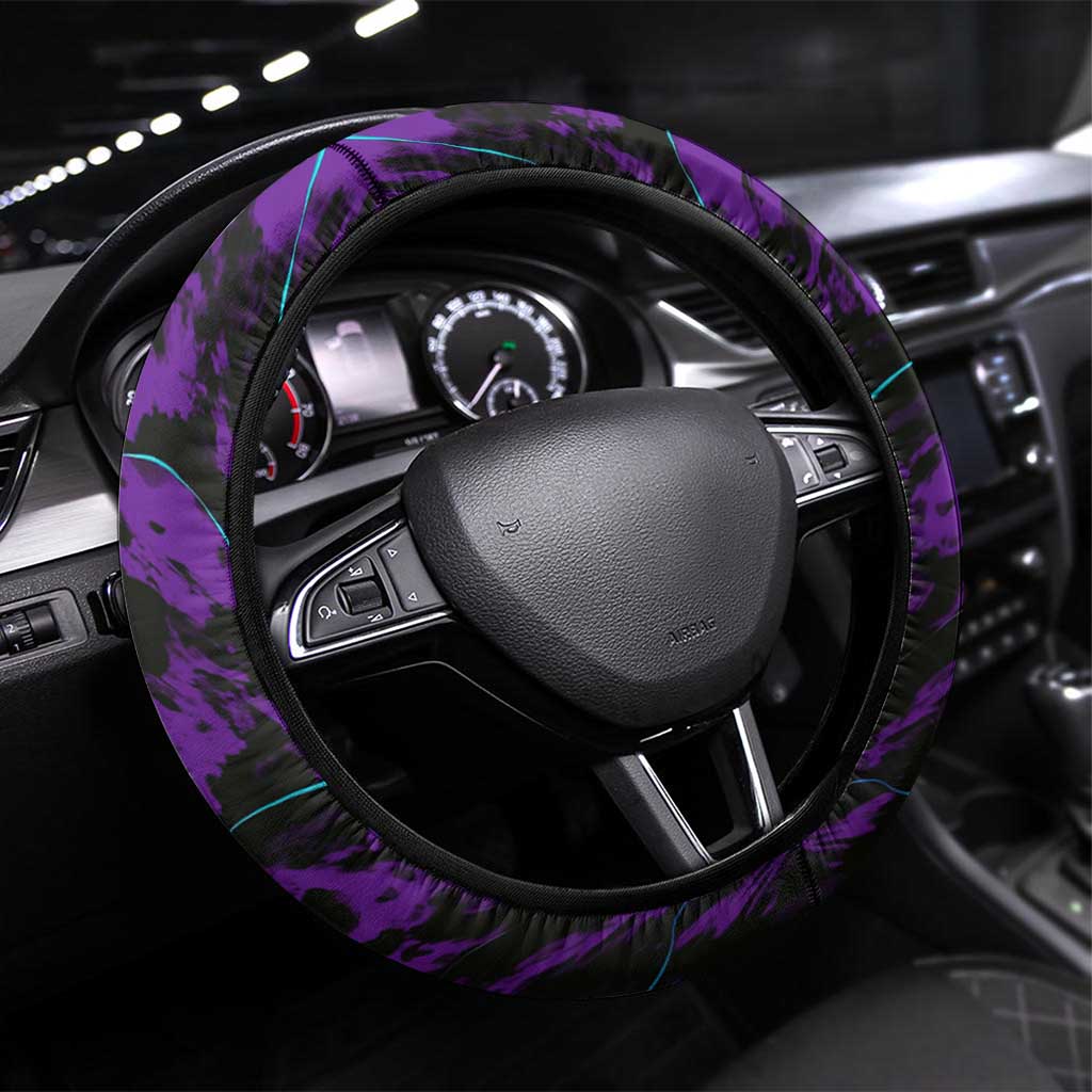Strike Bowling Graphic Steering Wheel Cover with Purple Black Marble Texture and Team Name - Wonder Print Shop