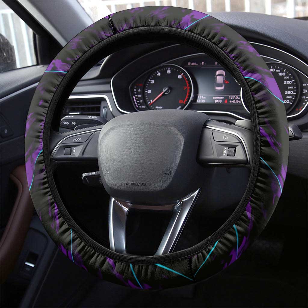 Strike Bowling Graphic Steering Wheel Cover with Purple Black Marble Texture and Team Name - Wonder Print Shop