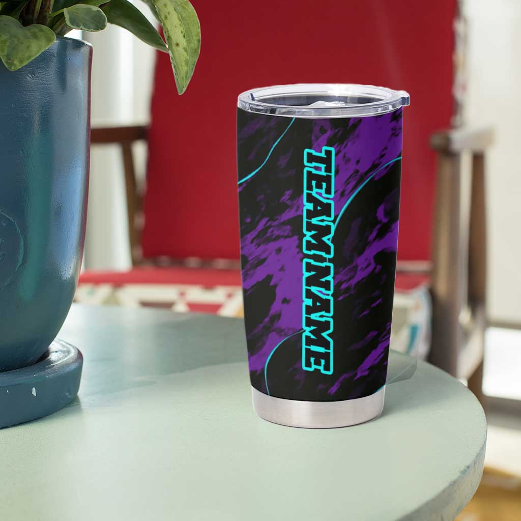 Strike Bowling Graphic Tumbler Cup with Purple Black Marble Texture and Custom Team Name - Wonder Print Shop