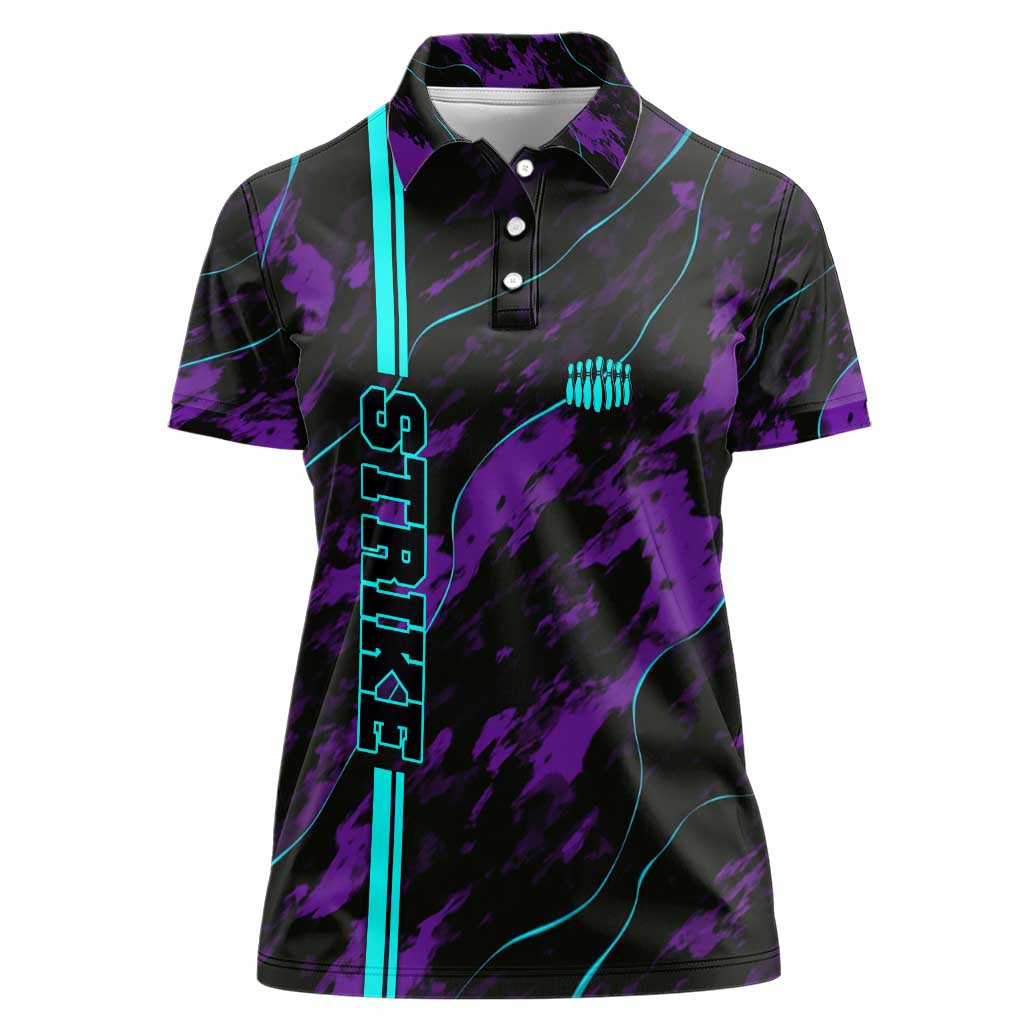 Strike Bowling Graphic Women Polo Shirt with Purple Black Marble Texture and Custom Team Name - Wonder Print Shop