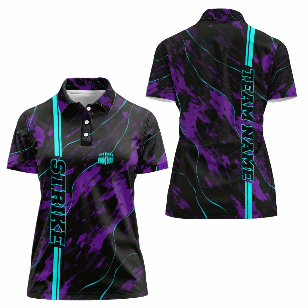 Strike Bowling Graphic Women Polo Shirt with Purple Black Marble Texture and Custom Team Name - Wonder Print Shop