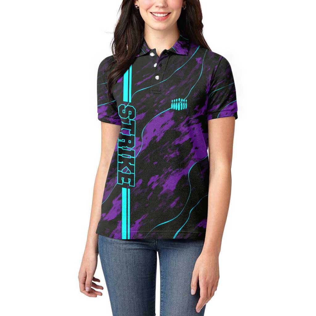 Strike Bowling Graphic Women Polo Shirt with Purple Black Marble Texture and Custom Team Name - Wonder Print Shop