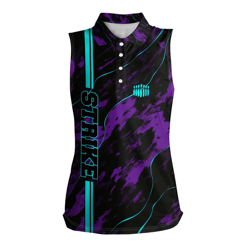Strike Bowling Graphic Women Sleeveless Polo Shirt with Purple Black Marble Texture and Custom Team Name - Wonder Print Shop