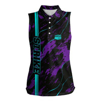 Strike Bowling Graphic Women Sleeveless Polo Shirt with Purple Black Marble Texture and Custom Team Name - Wonder Print Shop